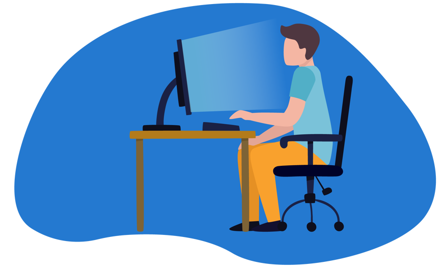 Ilustração de um homem olhando para a tela do computador, que reflete uma luz azul de alta intensidade sobre seu rosto.